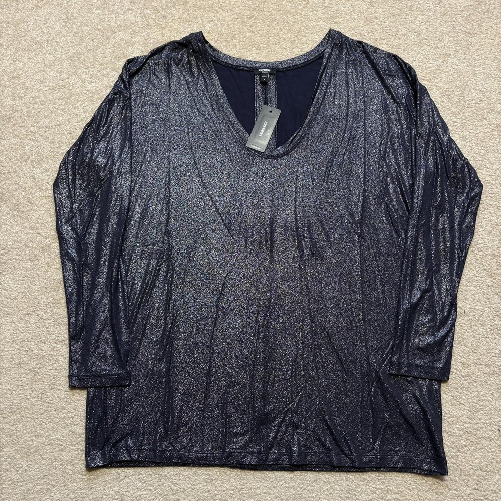 NWT Express Shirt Small Blue Metallic Glitter Scoop Neck Dolman Sleeve Loose Top